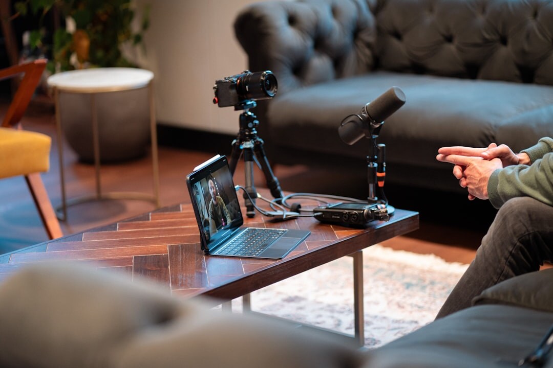 Interview setup with two microphones facing each other in a studio